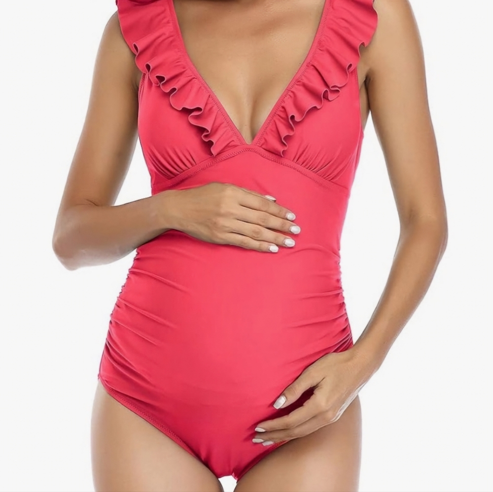 NWT Coral One-Piece Swimsuit Ruffled Shoulders, V Neck, Lace Up Back, Size S